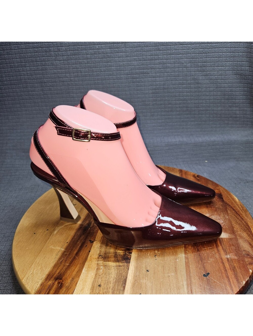 ANTONIO MELANI Women's Burgundy Patent Pointed Toe Ankle Strap Heels US 7M